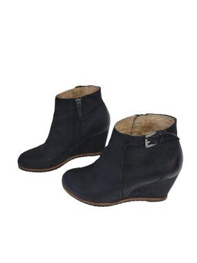 Biala Black Leather Wedge Ankle Boots Side Zip Ankle Buckle Bootie Women’s SZ 37